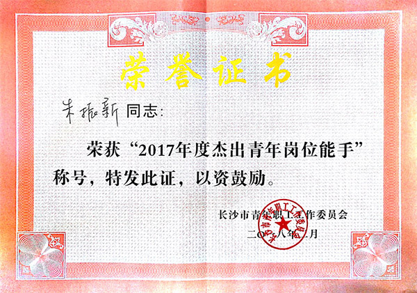beat365官网朱振新荣获长沙市2017年度杰出青年岗位能手